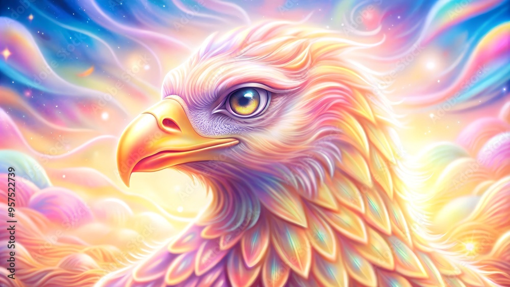 Majestic eagle with ethereal rainbow plumage gazing intensely against mystical sky Majestic eagle with ethereal rainbow plumage gazing intensely against mystical sky