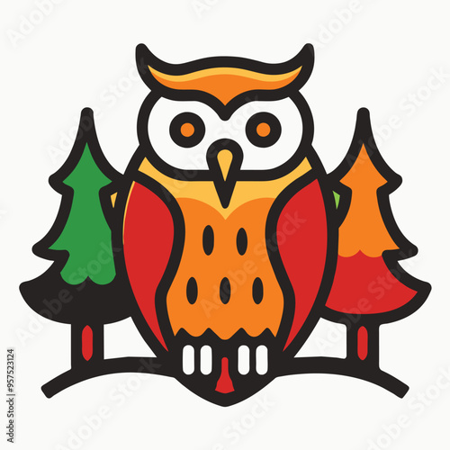 A stylized owl with orange and red feathers sits between two pine trees with green and red needles photo