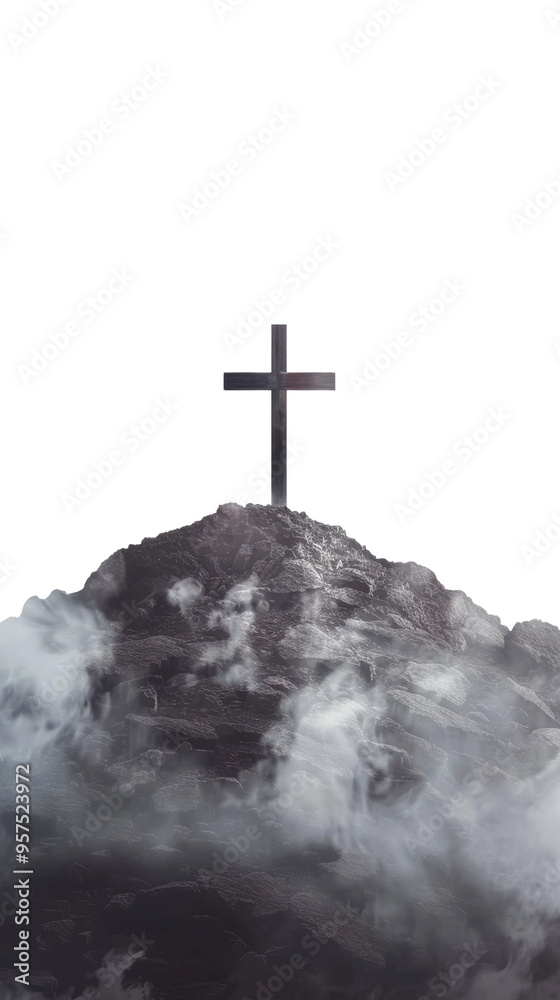 A solitary cross stands atop a mountain surrounded by clouds isolated on transparent background A solitary cross stands atop a mountain surrounded by clouds isolated on transparent background