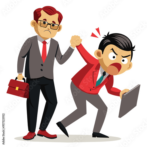 An angry boss dismisses his employee, who is arguing back and holding onto his briefcase