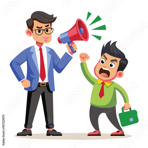 An angry boss yells into a megaphone at his employee, who is also yelling back and clenching his fist