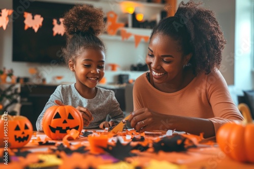 A joyful moment of black african american mother and child making Halloween decorations in their living room. The close-up captures their smiles as they enjoy a creative family activity together.