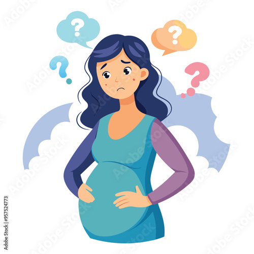 A pregnant woman stands with a concerned expression, her hands resting on her belly, surrounded by question marks