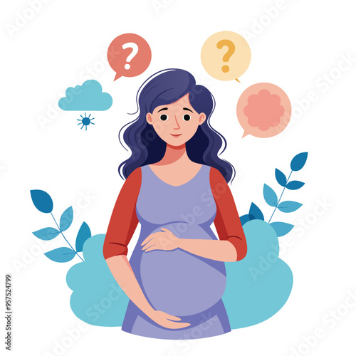 A pregnant woman stands with her hands on her belly, surrounded by question marks