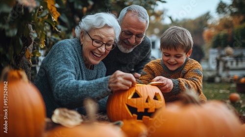 Halloween in the garden with a senior couple and grandkid. Wide-angle shot of grandparents and children carving pumpkins.