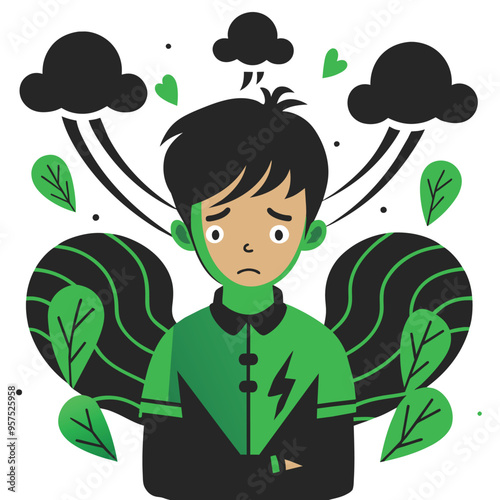 Cartoon shows sad boy with crossed arms under black clouds of anxiety and scattered hearts hinting at connection between love and anxiety