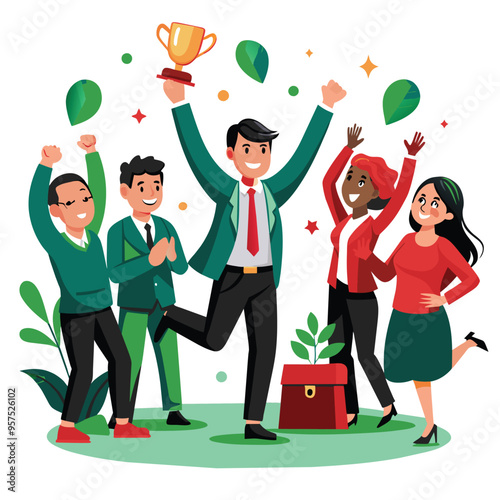 A diverse group of office workers celebrate a victory, with one holding a trophy high while another stands on a briefcase