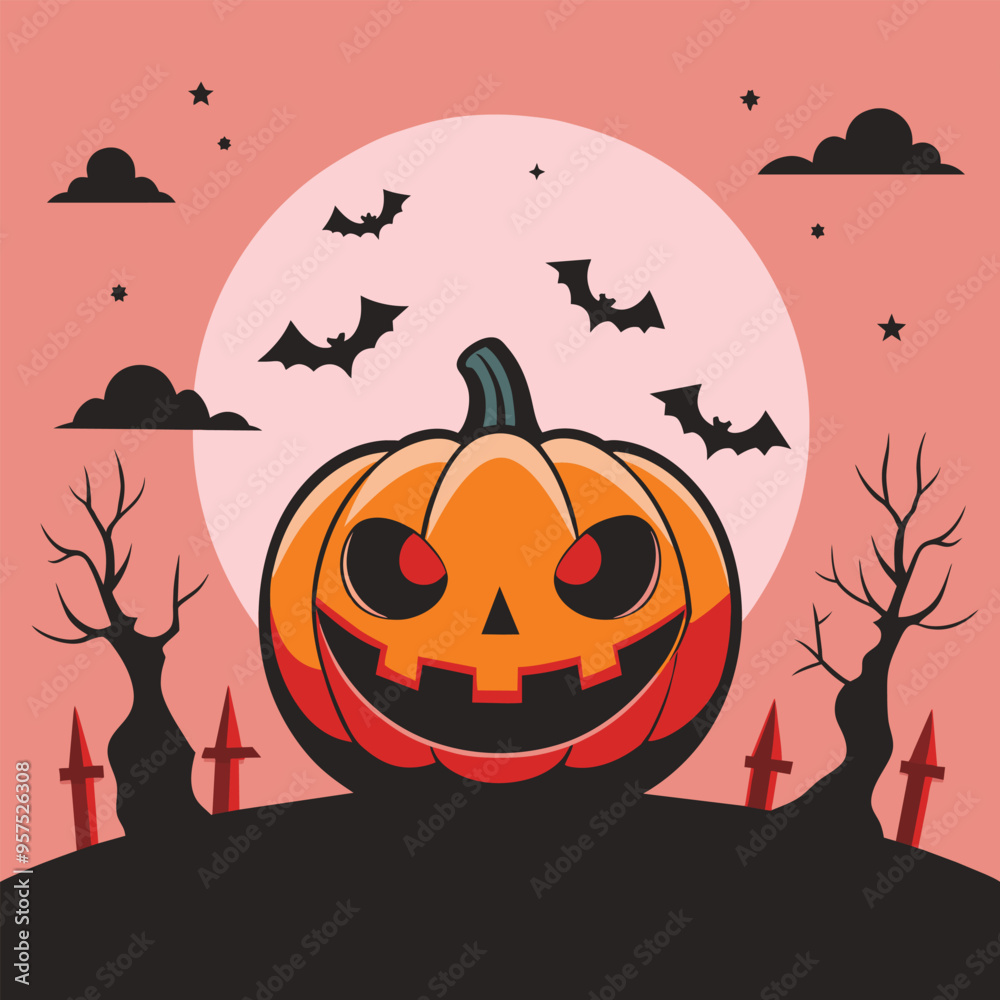 A smiling jack-o'-lantern on a hill, lit by a full moon. Bats flutter and bare trees frame the scene in eerie light A smiling jack-o'-lantern on a hill, lit by a full moon. Bats flutter and bare trees frame the scene in eerie light