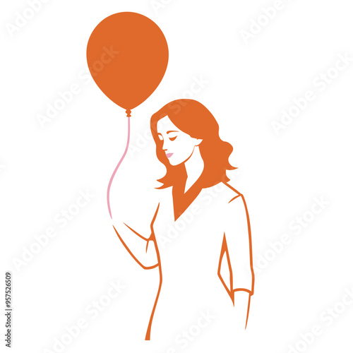 A woman in a simple dress with long wavy hair holds a large orange balloon in her hand. Sketch in shades of gray with bowed head