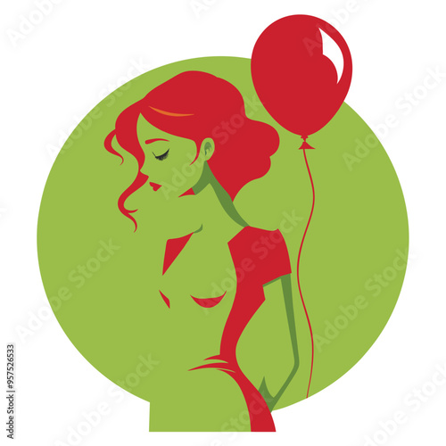 A woman with red hair and a red dress holds a red balloon. She stands in front of a green background