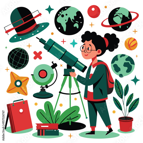 A young astronomer, wearing glasses and a backpack, looks through a telescope while surrounded by planets and stars