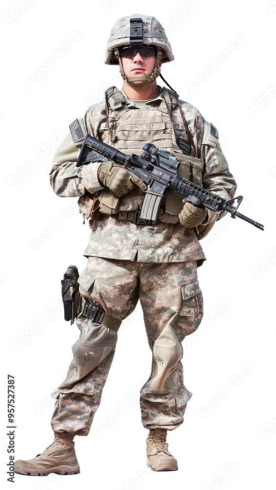 Soldier in camouflage uniform stands confidently with rifle isolated on transparent background Soldier in camouflage uniform stands confidently with rifle isolated on transparent background