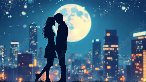 Silhouetted couple embraces on rooftop against night cityscape. Full moon illuminates scene, casting soft glow on surrounding buildings. Intimate moment captures essence of urban romance.	