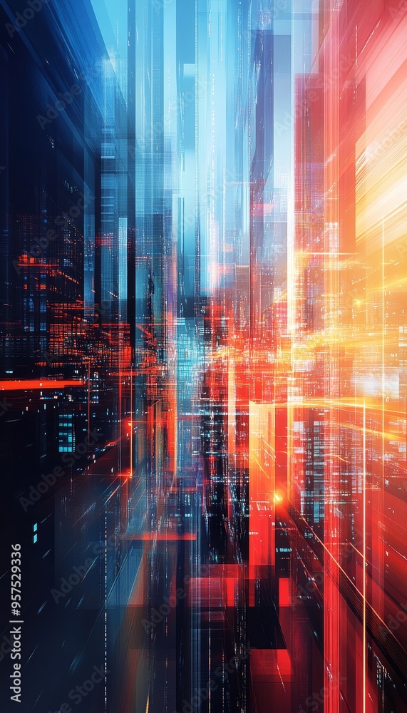 Fototapeta premium Abstract technology background with blurred cityscape and geometric shapes in vibrant colors