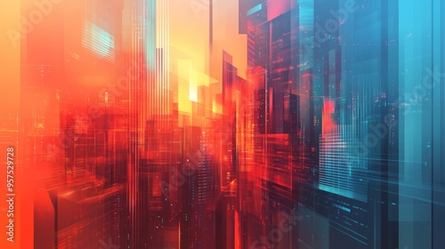 Abstract technology background featuring blurred cityscape and geometric shapes in vibrant colors