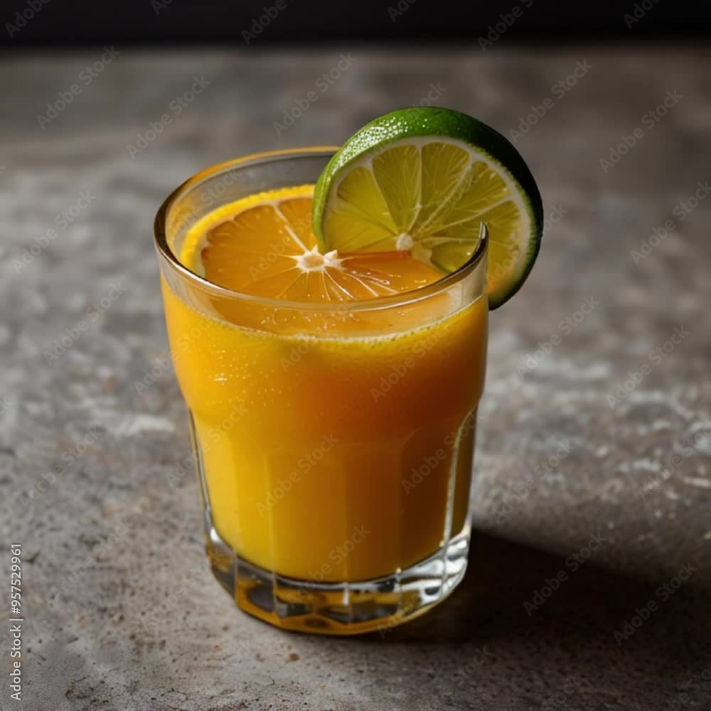 Glass of orange juice with a lime wedge garnish on top Glass of orange juice with a lime wedge garnish on top