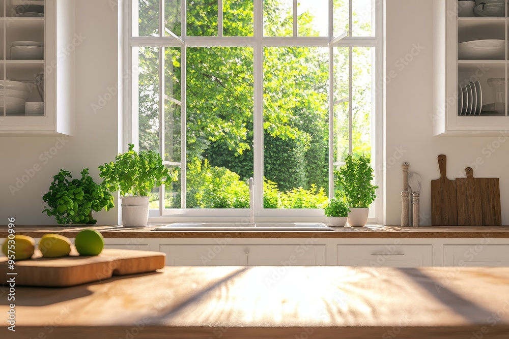 Sunny kitchen with a window overlooking a green garden. Sunny kitchen with a window overlooking a green garden.