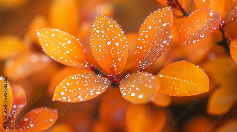 orange leaves with dew orange leaves with dew