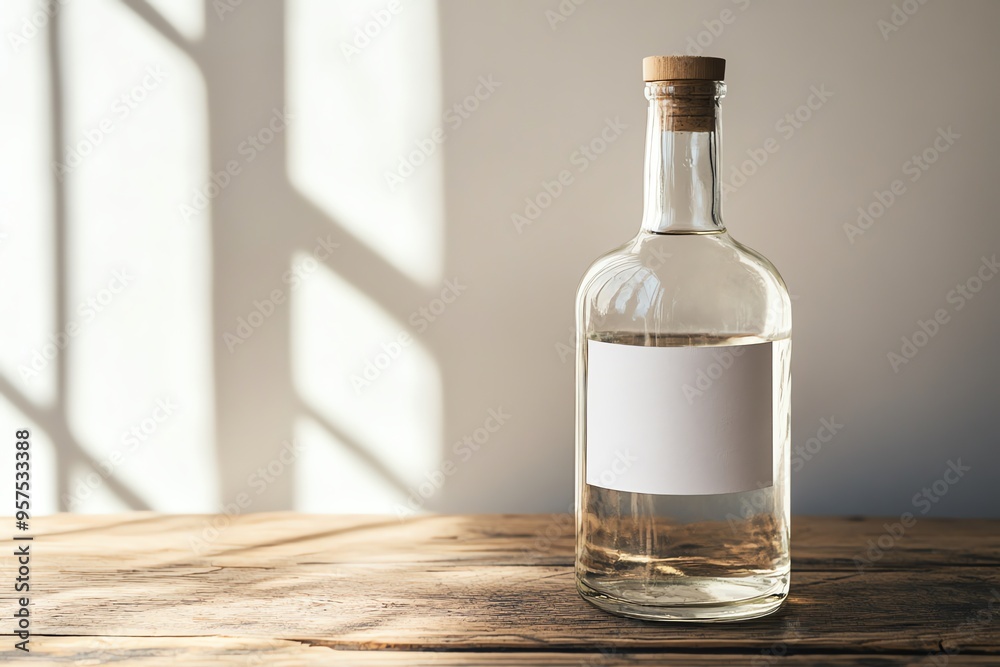 Glass Bottle with Cork Stopper and Blank Label on Wooden Table Glass Bottle with Cork Stopper and Blank Label on Wooden Table