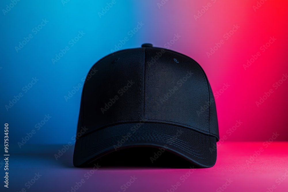 Black Baseball Cap on a Blue and Pink Gradient Background Black Baseball Cap on a Blue and Pink Gradient Background