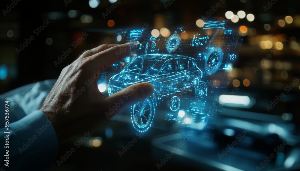 Fototapeta premium Man interacting with holographic smart car interface a 3d rendering of futuristic technology