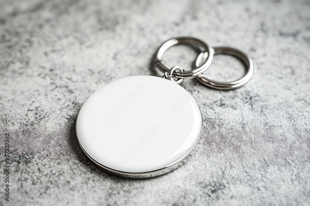 Blank Round Keychain with Metal Ring on Gray Surface