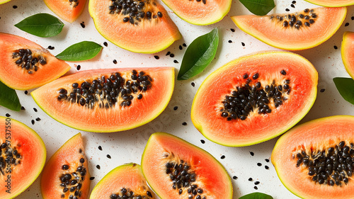 A close up of a bunch of ripe red and yellow papaya fruit pattern photo