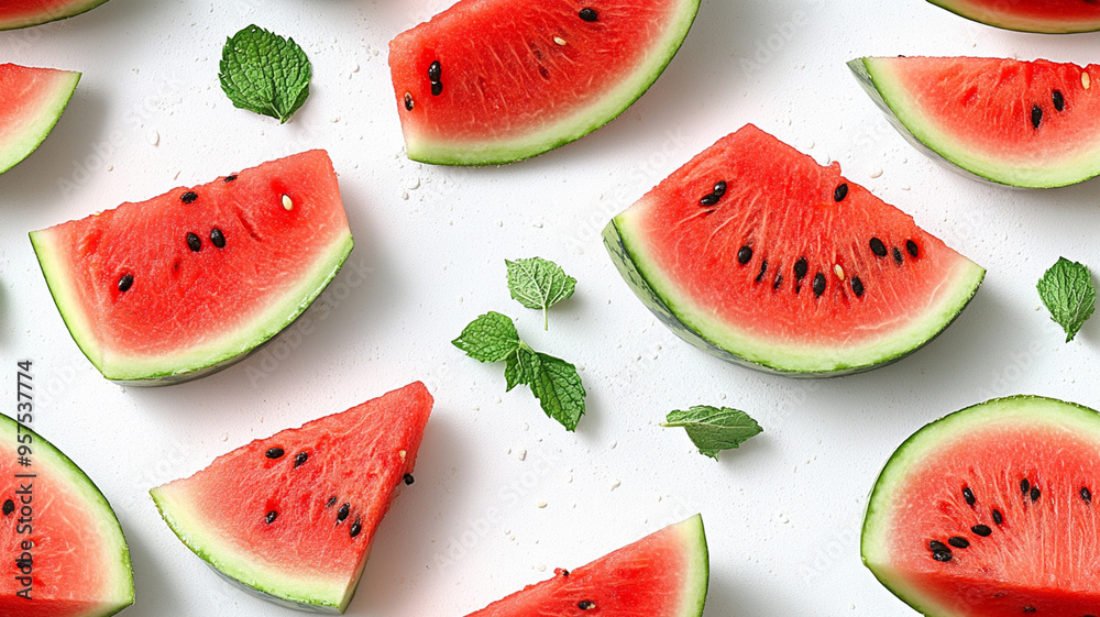 A close up of watermelon slices with green leaves on top, pattern A close up of watermelon slices with green leaves on top, pattern