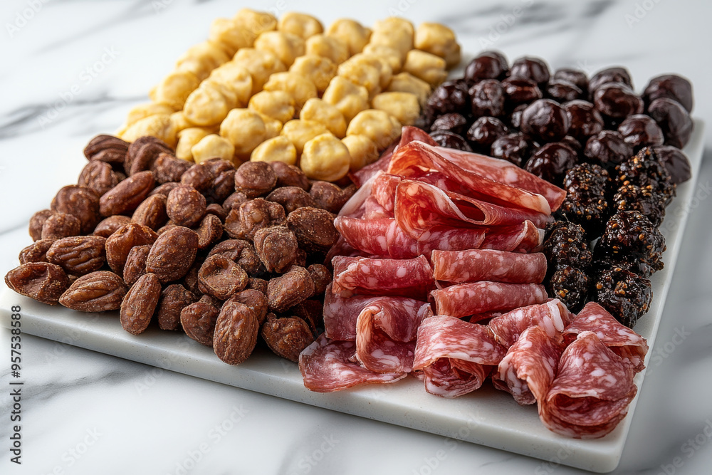 A white plate with a variety of meats and nuts A white plate with a variety of meats and nuts