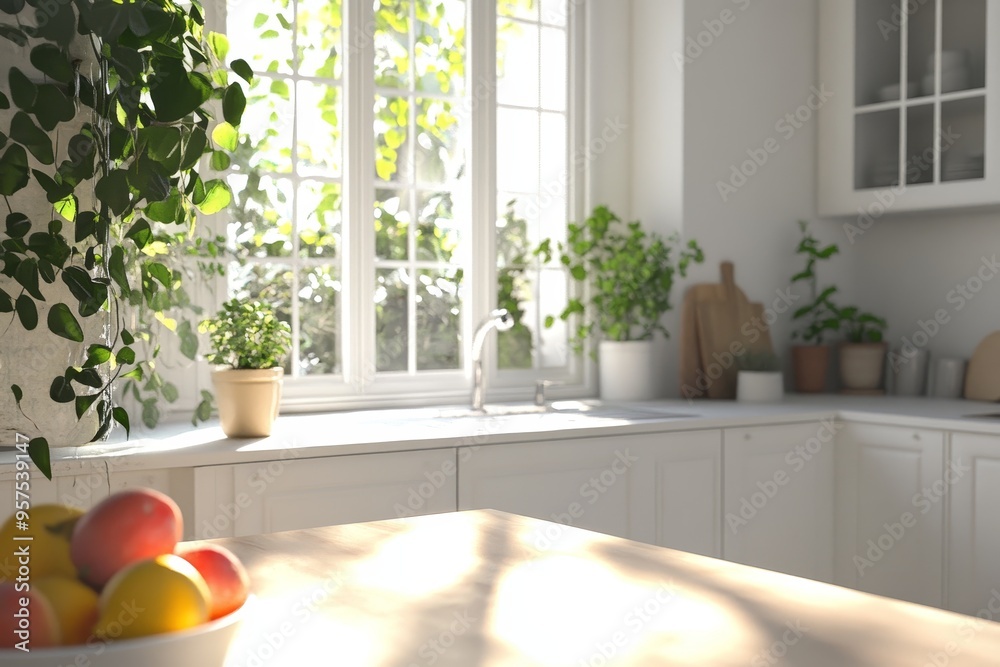 Sunlight streams through a window into a bright, minimalist kitchen with a bowl of lemons and oranges on a wooden countertop. Sunlight streams through a window into a bright, minimalist kitchen with a bowl of lemons and oranges on a wooden countertop.