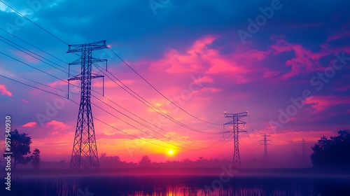 Power Lines Silhouetted Against a Vivid Sunset