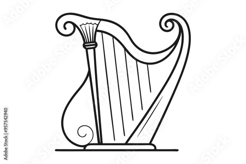 Elegant Harp Silhouette Line Drawing | Vector Art Illustration