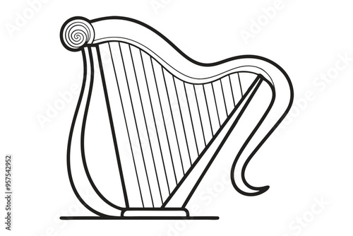 Elegant Harp Silhouette Line Drawing | Vector Art Illustration