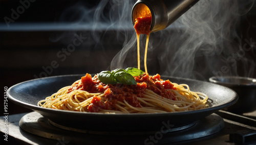 Hot plate of spaghetti marinara with steam and backlighting that creates a halo effect around the pasta.
