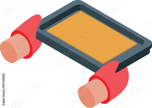 Baker holding an empty baking sheet with both hands using heat resistant gloves, isometric view