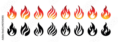 Flame set vector icons and silhouette bundle. Burning fire symbols collection isolated on white background.