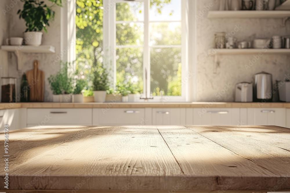 Wooden table top in front of kitchen window with sunshine streaming through. Wooden table top in front of kitchen window with sunshine streaming through.