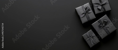 Black gift boxes on dark textured background with space for text