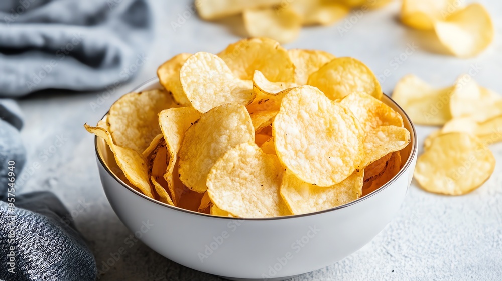 Bowl of Crispy Potato Chips on a Grey Surface Bowl of Crispy Potato Chips on a Grey Surface