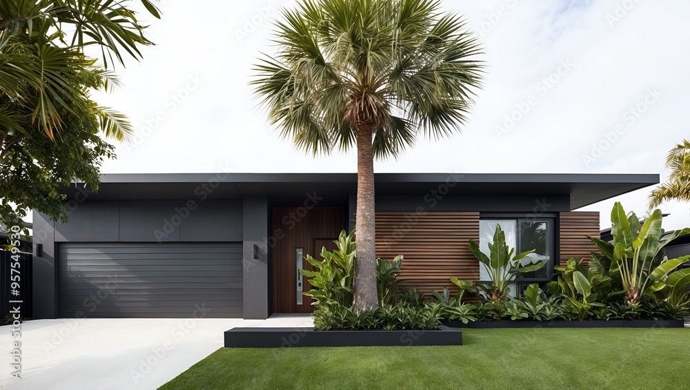 single-story house with a flat roof and a minimalist design. The exterior features a combination of wood and dark-colored materials, creating a sleek and contemporary look. single-story house with a flat roof and a minimalist design. The exterior features a combination of wood and dark-colored materials, creating a sleek and contemporary look.
