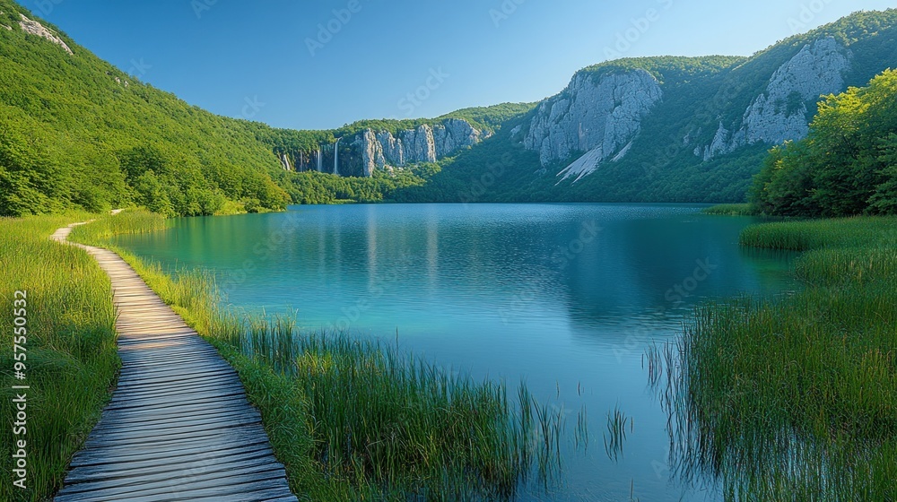 Serene Mountain Lake with Wooden Path Serene Mountain Lake with Wooden Path