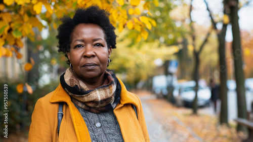 Mature black woman standing seriously on tree lined street, autumn season