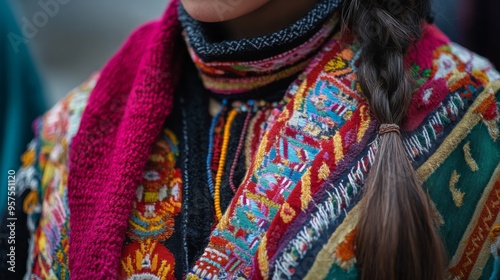 A close-up captures the intricate details of an indigenous Himalayan cultural attire. A woman wears heavy fabrics with colorful embroidery, geometric patterns, and sacred symbols.