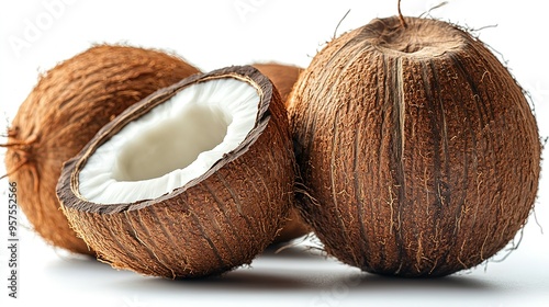 Three Whole Coconuts with One Cut in Half and Showing White Flesh photo