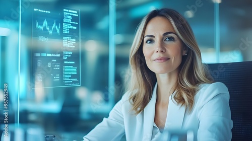 Confident Businesswoman Looking at Data on Screen