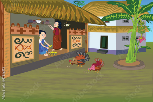 A charming village scene. Women are busy cooking in the kitchen while chickens feed in the courtyard, capturing the objective beauty of everyday life in a rural home