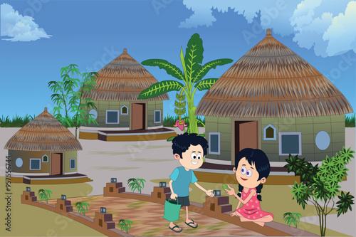 Village Houses Vector Illustration. Children playing happily in the garden of a traditional village house, capturing the essence of a happy childhood in a serene rural setting