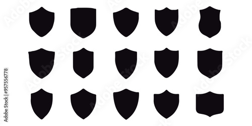 Lovely collection of shield silhouettes. Labels for the police, military, soccer, and other sports are shaped by black badges. 
