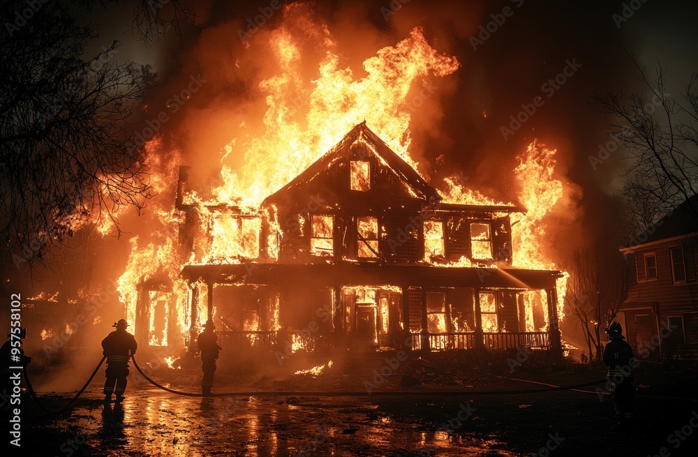 Fototapeta premium Firefighters battling a house fire at night.
