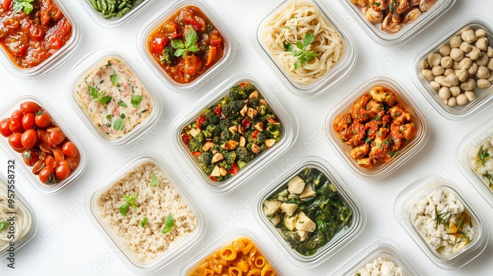 Colorful meal prep containers arranged on a flat surface showcasing a variety of healthy dishes perfect for a week of balanced eating Colorful meal prep containers arranged on a flat surface showcasing a variety of healthy dishes perfect for a week of balanced eating